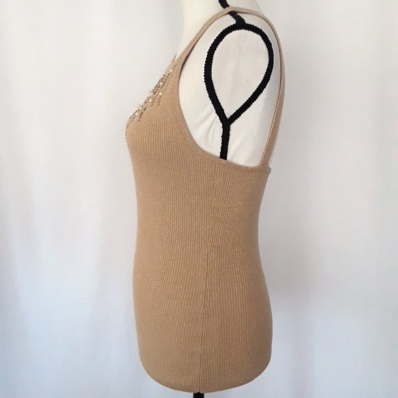 Vintage Y2K Cache Golden Tan Sleeveless Sequin Beaded Top - Picture 6 of 12